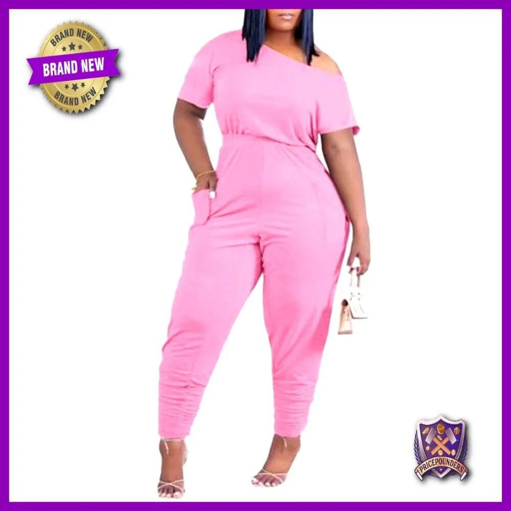 Plus Size Off Shoulder Jumpsuit with Pockets Loose Fit Summer Romper